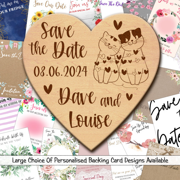 Cat Kittens Heart Wooden Wedding Save The Date Magnets & Backing Cards