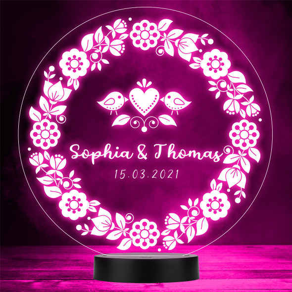 Wreath Love Birds Flowers Valentine's Day Personalised Gift Colour Night Light