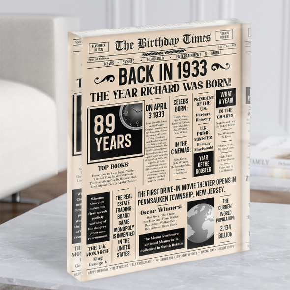 1933 Newspaper Any Age Any Year You Were Born Birthday Facts Gift Acrylic Block