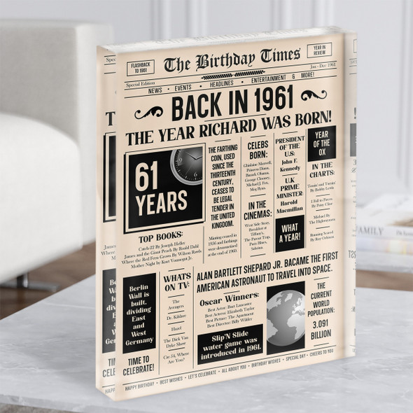 1961 Newspaper Any Age Any Year You Were Born Birthday Facts Gift Acrylic Block