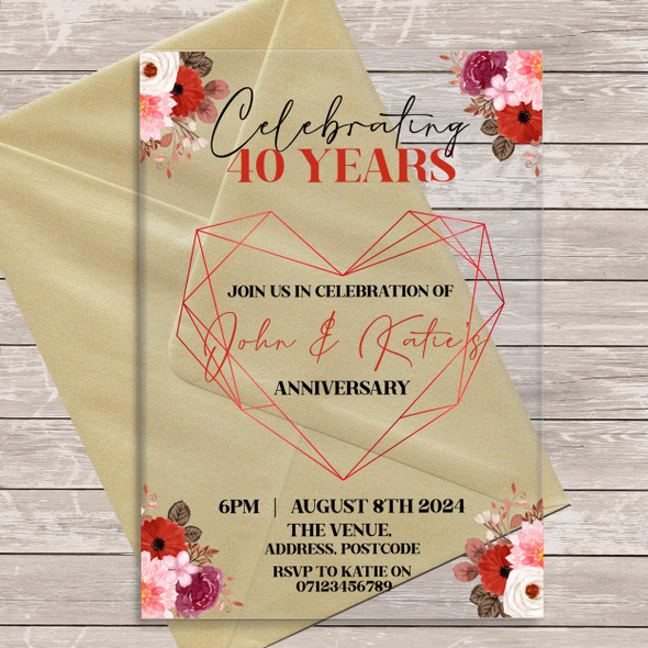 40 Years 40th Red Gold Acrylic Clear Wedding Anniversary Party Invitations