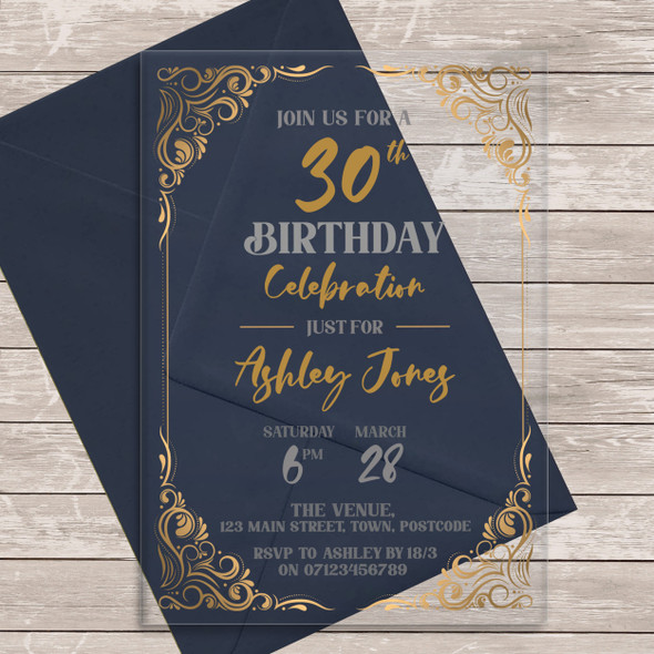 30th Or Any Age Gold Elegant Deco Line Acrylic Clear Birthday Party Invitations