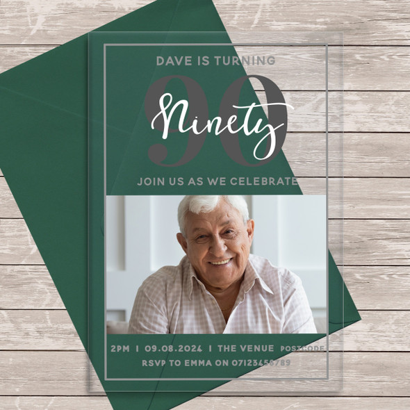 90th Or Any Age Photo Grey Acrylic Clear Transparent Birthday Party Invitations