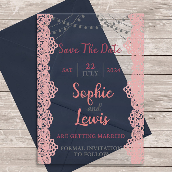 Lace Pink Acrylic Clear Transparent Luxury Wedding Save The Date Invite Cards