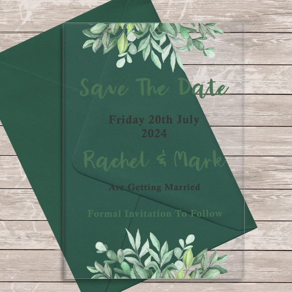 Green Leaves Leaf Acrylic Clear Transparent Wedding Save The Date Invite Cards