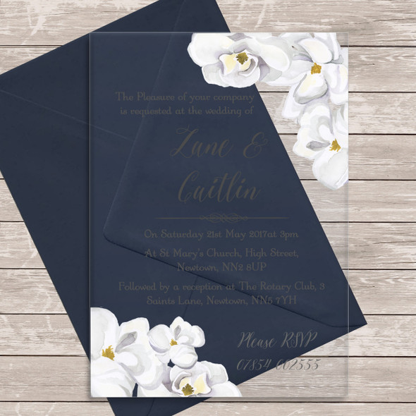 White Watercolour Floral Acrylic Clear Transparent Wedding Invitations Invites