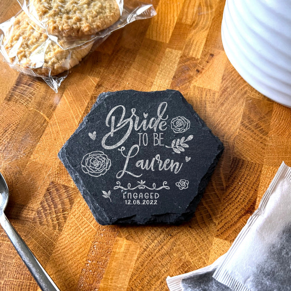 Hexagon Slate Bride To Be Hearts Engagement Date Gift Personalised Coaster