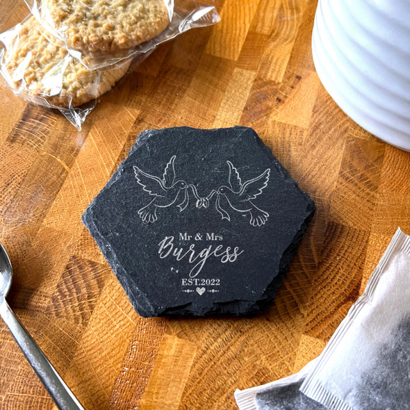 Hexagon Slate Doves Wedding Day Rings Newlyweds Gift Personalised Coaster