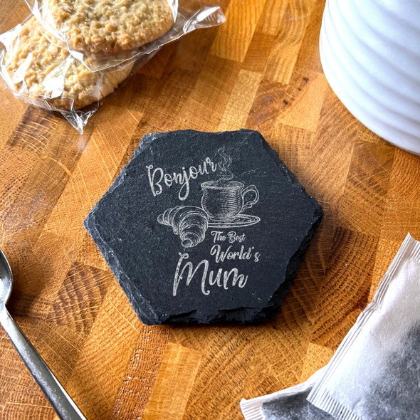 Hexagon Slate Bonjour Mug World's Best Mother's Day Gift Personalised Coaster
