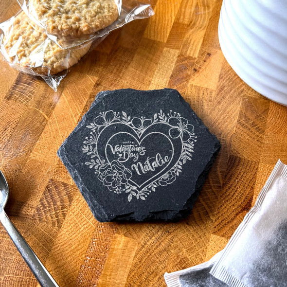 Hexagon Slate Pretty Floral Wreath Happy Valentine's Gift Personalised Coaster