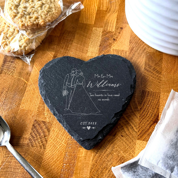 Heart Slate Bride & Groom Line Art In Love Wedding Day Gift Personalised Coaster