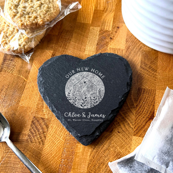 Heart Slate Our New Home Floral Couple Names Address Gift Personalised Coaster