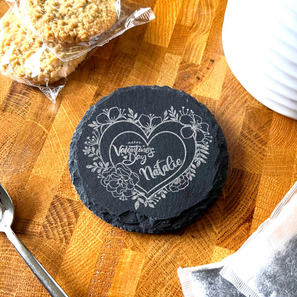 Round Slate Pretty Floral Wreath Happy Valentine's Day Gift Personalised Coaster