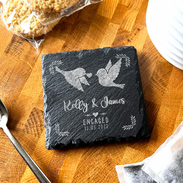 Square Slate Love Birds Heart Engagement Date Gift Personalised Coaster