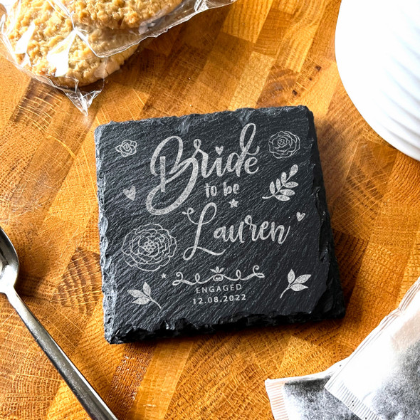 Square Slate Bride To Be Leaves Engagement Date Gift Personalised Coaster