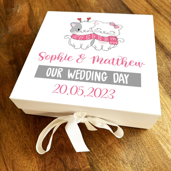 Cat Kitty Cuddle Personalised Square Wedding Day Keepsake Gift Memory Box