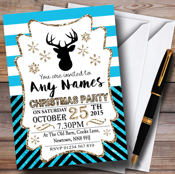 Blue Stripes & Chevrons Customised Christmas Party Invitations