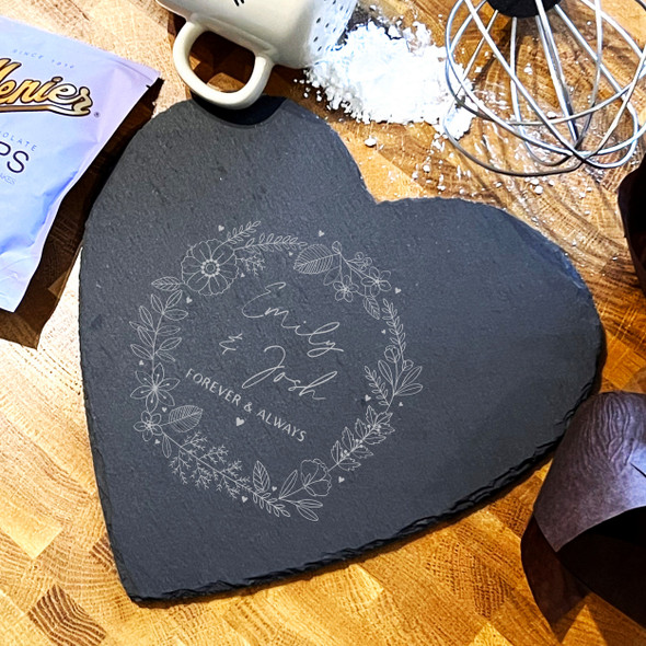 Heart Slate Flower Wreath Couple Forever & Always Personalised Serving Board