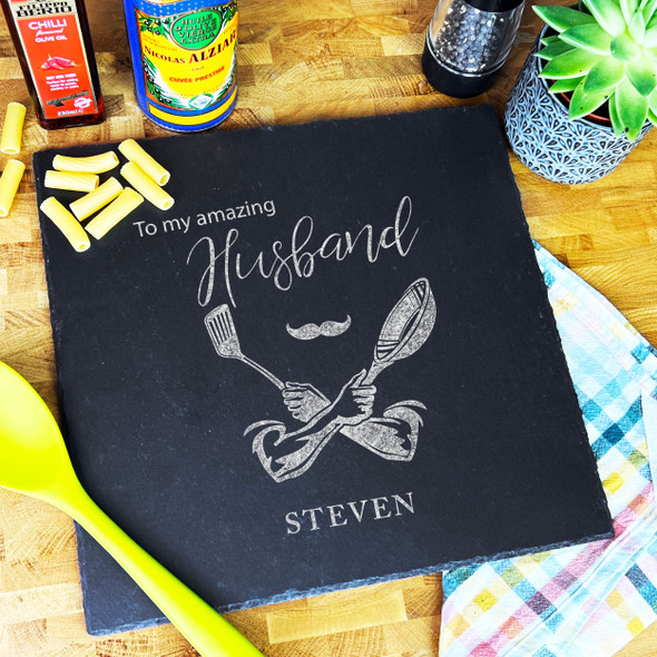 Square Slate Amazing Husband Male Cooking Utensil Personalised Serving Board