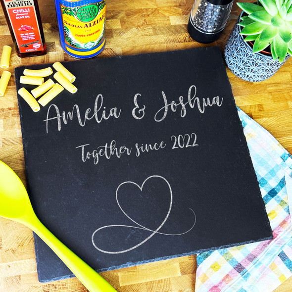 Square Slate Line Art Heart Together Since Personalised Serving Board