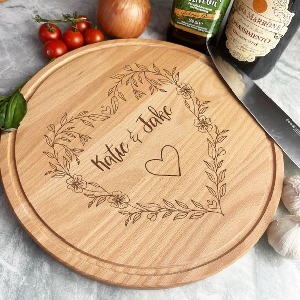 Wood Round Heart Flower Wreath Couple Personalised Chopping Board