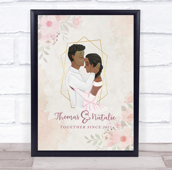 Watercolour Flowers Pink Romantic Gift For Him or Her Personalised Couple Print