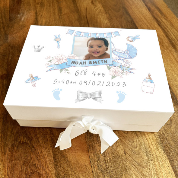 New Baby Shower Boy Blue Photo Banner Keepsake Memory Hamper Gift Box