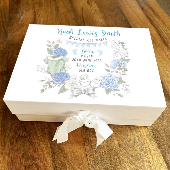 New Baby Shower Boy Blue Flower Personalised Keepsake Memory Hamper Gift Box