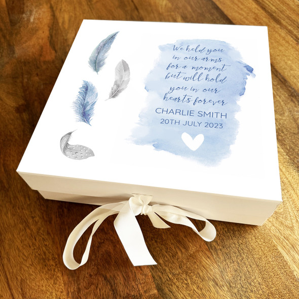 Baby Boy Loss Memorial Blue Feather Miscarriage Square Memory Keepsake Box