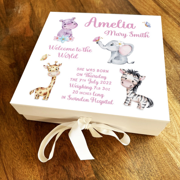 New Baby Shower Girl Animals Pink Square Keepsake Memory Hamper Gift Box