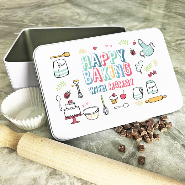 Personalised Happy Baking With Mummy Baker Icons Biscuit Baking Sweets Cake Tin