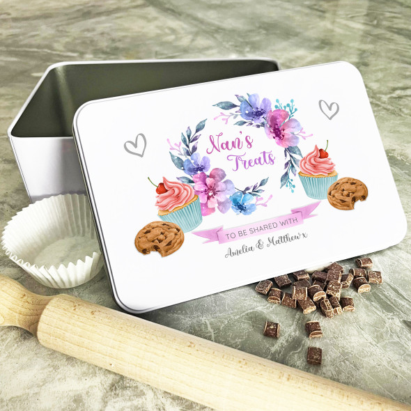 Personalised Nans Treat Flowers Cookie Cup Biscuit Baking Treats Sweets Cake Tin