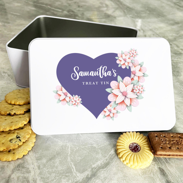 Personalised Pink Floral Purple Heart Biscuit Sweets Cake Treat Tin