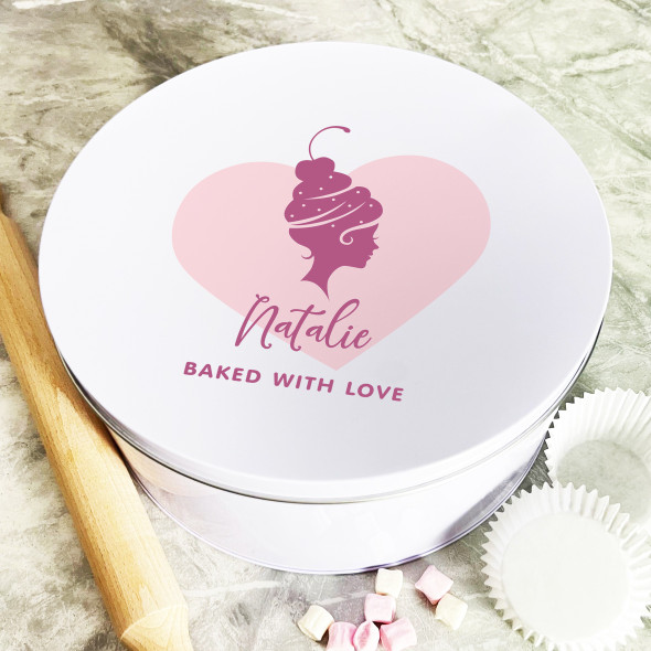 Personalised Round Cherry Pink Heart With Love Biscuit Baking Treats Cake Tin