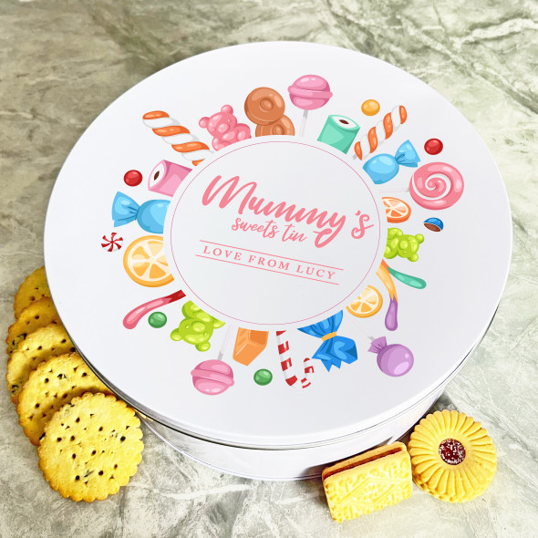 Personalised Round Lollipop Jelly Mummy Only Biscuit Sweets Cake Treat Tin