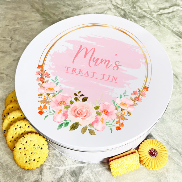 Personalised Round Roses Gold Frame Mums Biscuit Sweets Cake Treat Tin