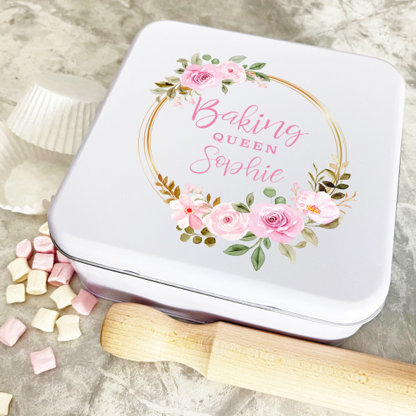 Personalised Square Watercolour Baking Queen Biscuit Treats Sweets Cake Tin