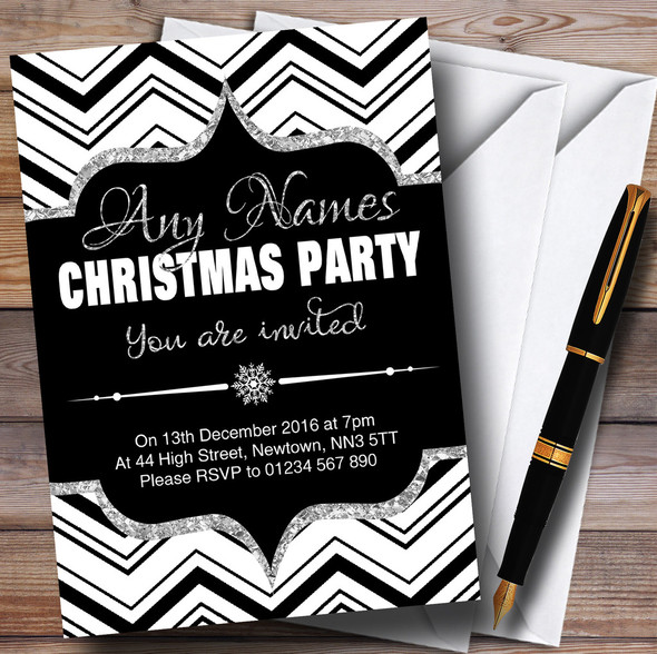Chevrons Black White & Silver Customised Christmas Party Invitations