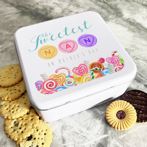 Personalised Square Nan Bright Mothers Day Biscuit Sweets Cake Treat Tin