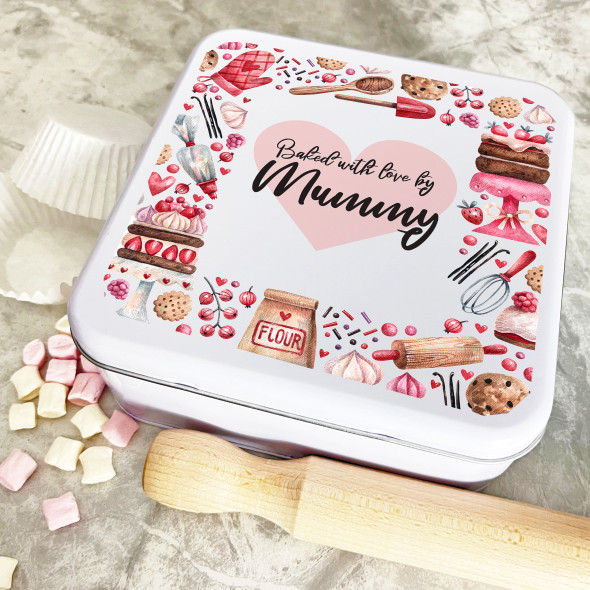 Personalised Square Baked With Love Mummy Biscuit Baking Treats Sweets Cake Tin