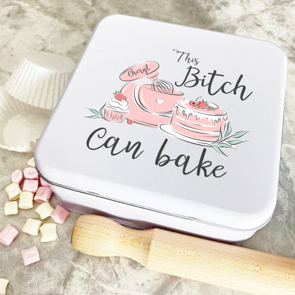 Personalised Square Pink Mixer Bitch Can Bake Biscuit Baking Treats Cake Tin