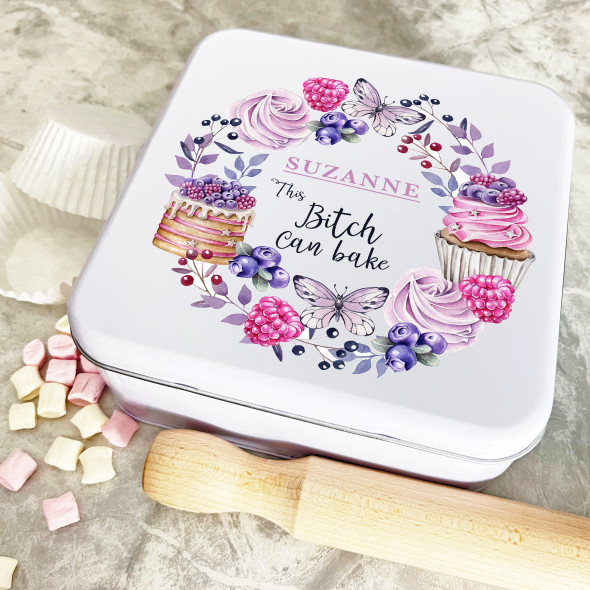 Personalised Square Wreath Butterfly Bitch Can Bake Biscuit Baking Cake Tin
