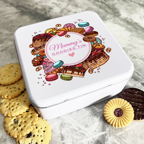 Personalised Square Retro Pastry Mummys Goodies Biscuit Sweets Cake Treat Tin