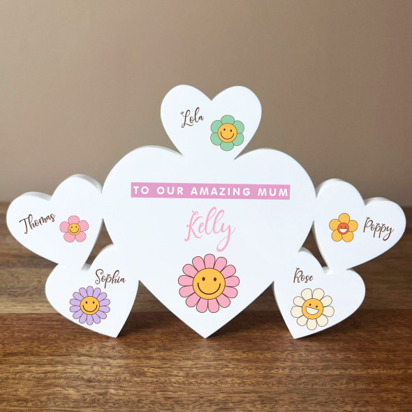 Mum Daisy Flowers Family Hearts 1 Big 5 Small Personalised Gift Acrylic Ornament