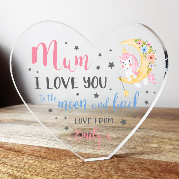 Mum Love You To The Moon Unicorn Clear Heart Shaped Personalised Acrylic Gift