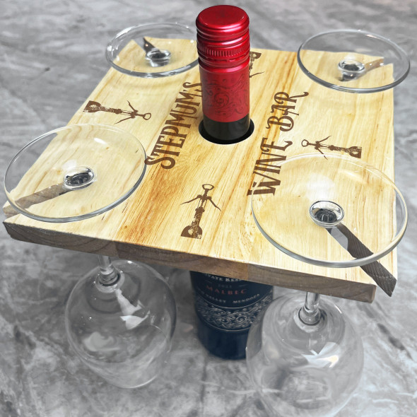 Corkscrew Stepmoms' Wine Bar Personalised Wooden 4 Wine Glass & Bottle Holder