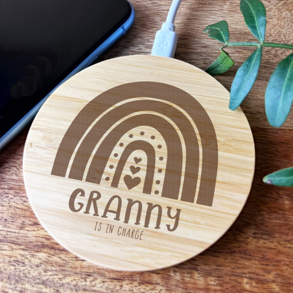 Granny Is In Charge Personalised Gift Round Wireless Desk Pad Phone Charger
