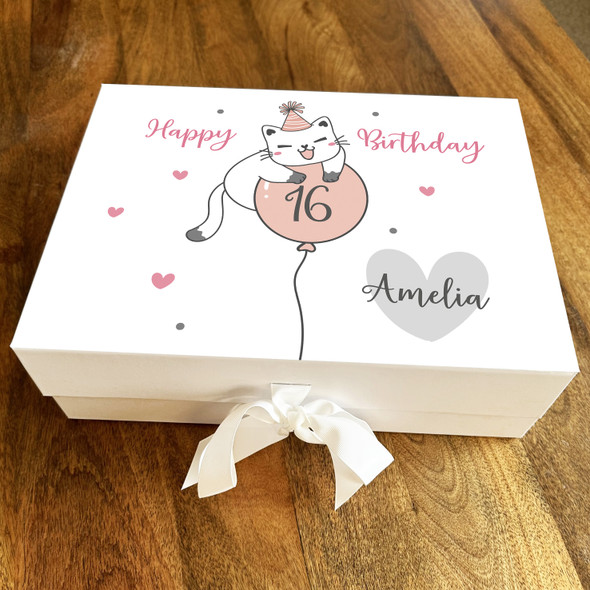 Cat Balloon Hearts Pink Any Age 16th Personalised Keepsake Birthday Gift Box