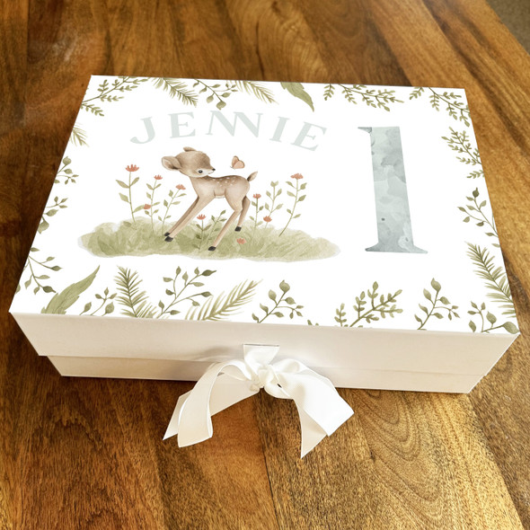 Woodland Green Leaves Deer 1st Kids Any Age Personalised Birthday Gift Box