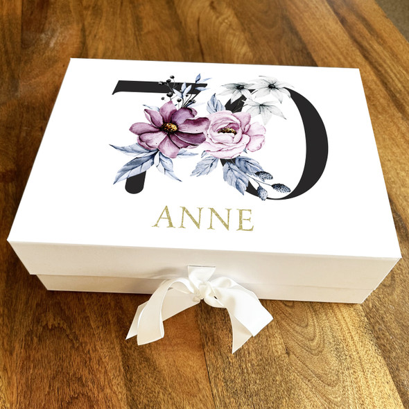 Gold Purple & Baby Blue Floral Any Age 70th Personalised Birthday Gift Box